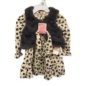 btween baby Floral Kids Dress with Faux Fur Vest 3 Piece Set Size 12 Month